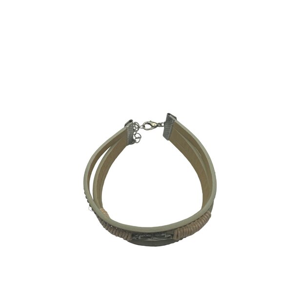 Rose Gold Leather Rhinestone Encrusted Wrap Bracelet Heart Charm Adjustable - Picture 5 of 5